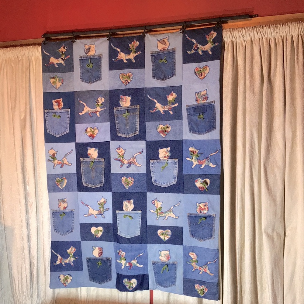 Handmade cats denim pockets throw quilt, lap blanket / wall hanging  38" x 53"